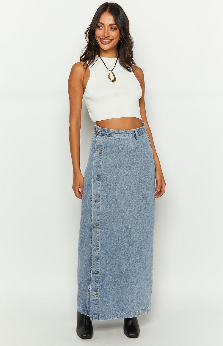 Fazio Button Side Denim Maxi Skirt Product Image