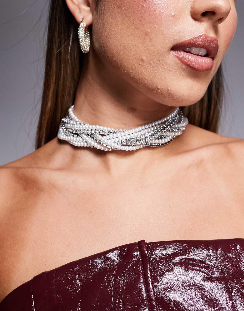 ASOS DESIGN multirow choker necklace with faux pearl and crystal design in silver tone Product Image