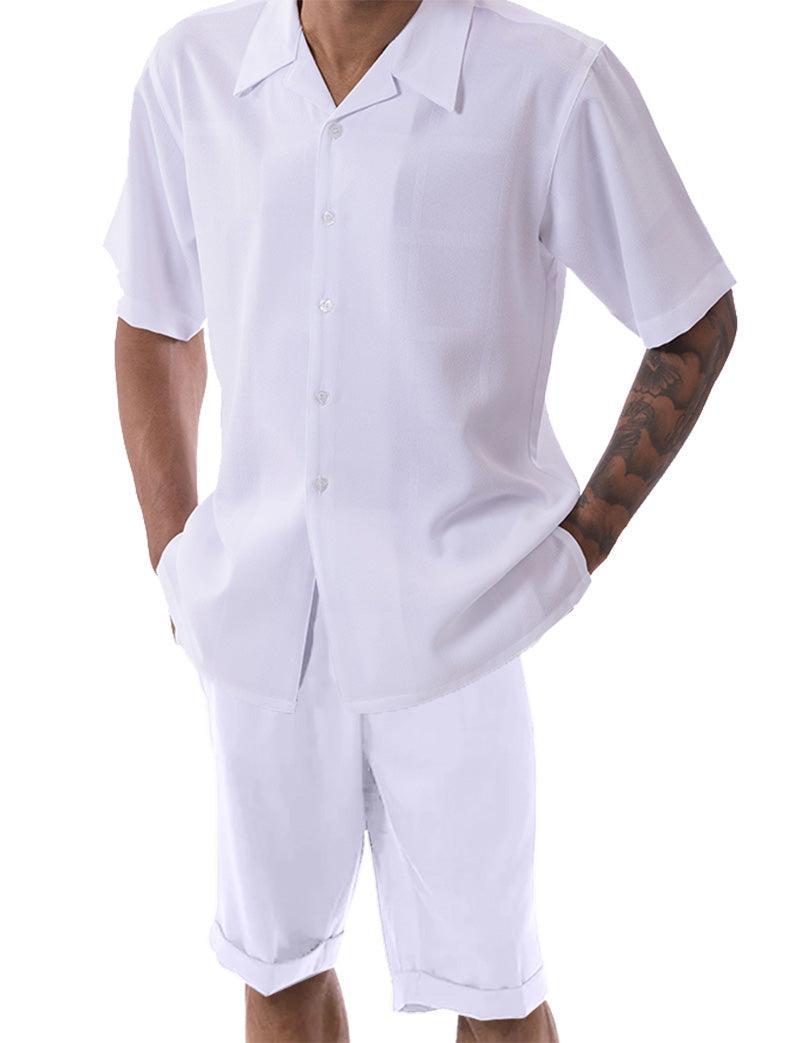 White Tone on Tone Windowpane Walking Suit 2 Piece Short Sleeve Set with Shorts Product Image