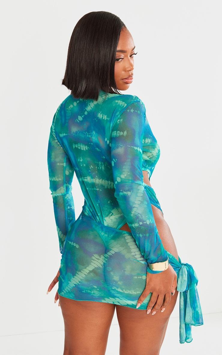 Shape Green Printed Mesh Cut Out Bodysuit Detail Bodycon Dress Product Image