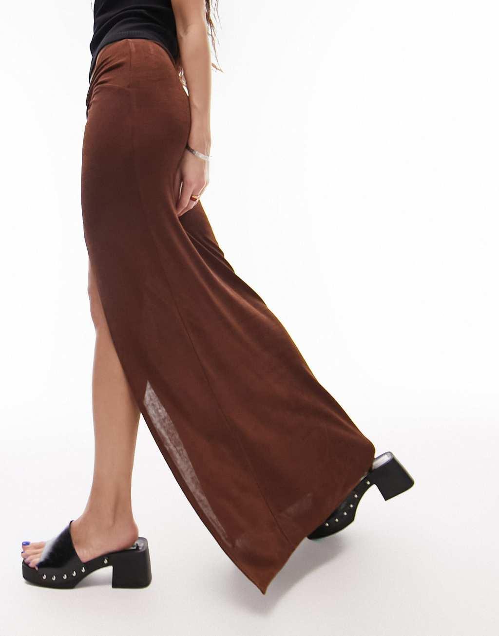 Topshop slinky twist front maxi skirt in chocolate Product Image