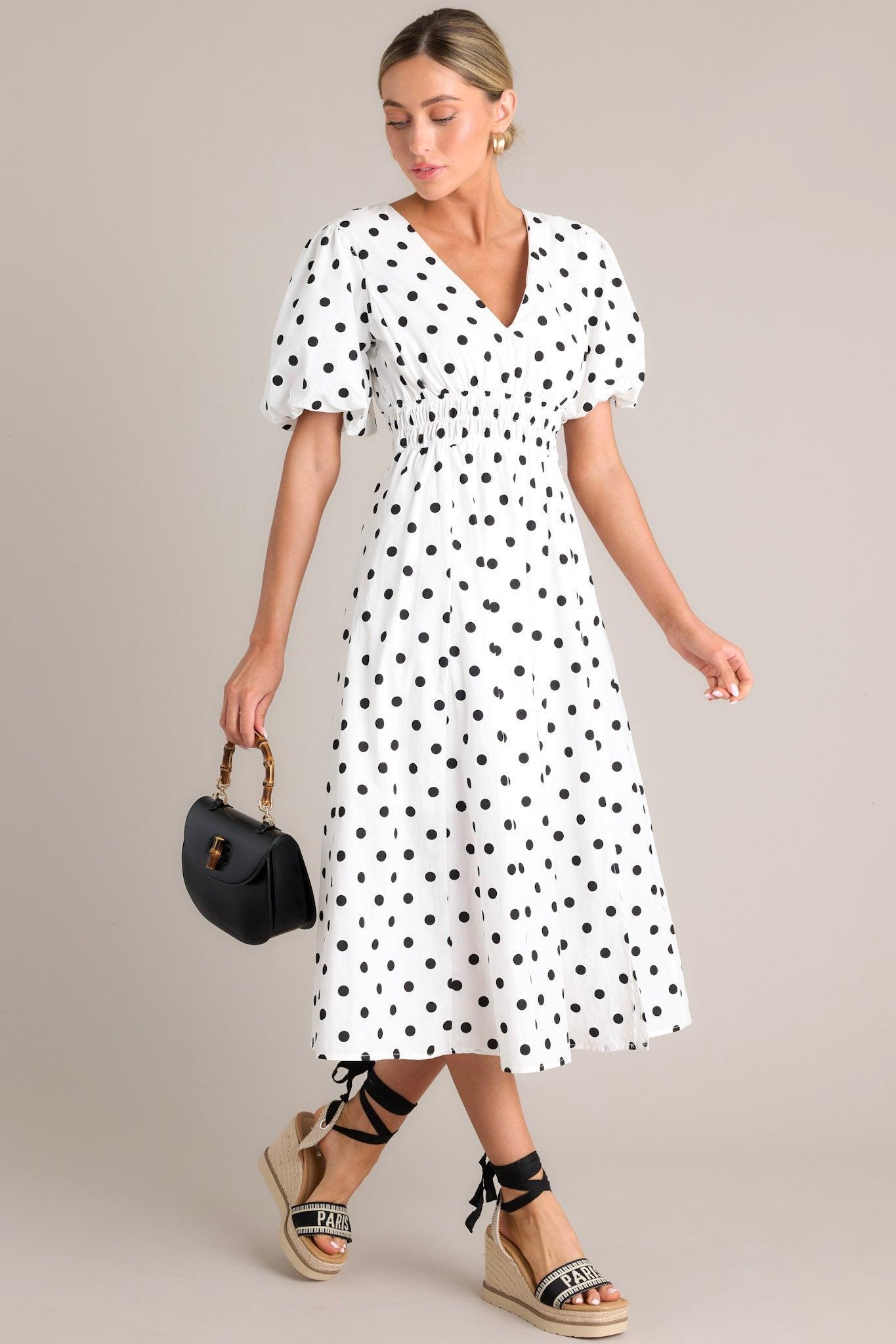 Dotted Delight White & Black Polka Dot Midi Dress Product Image