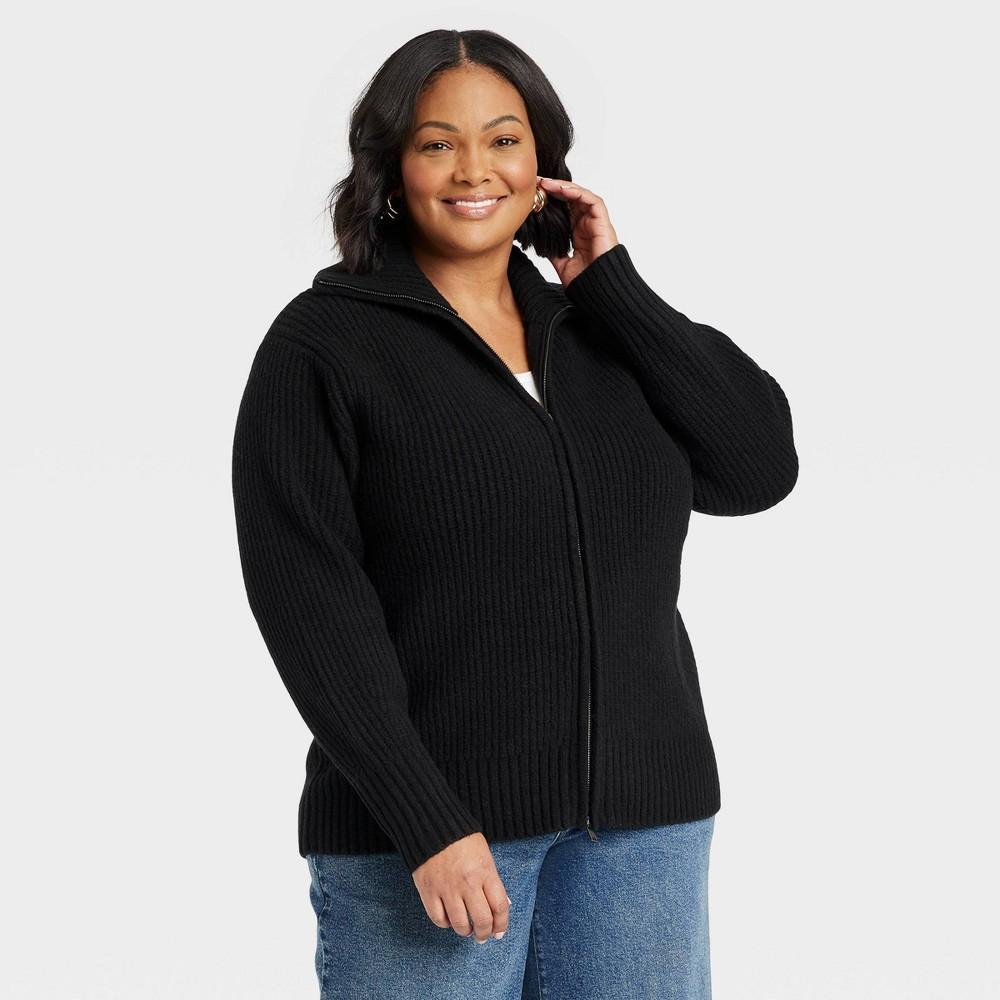 Womens Cozy Knit Double Zip Cardigan - Ava & Viv Black 1X Product Image