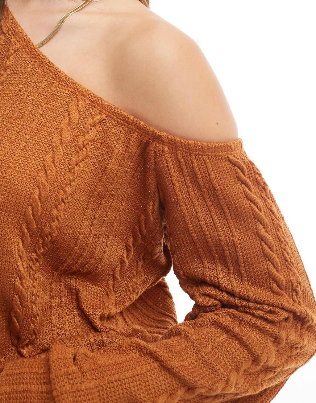 ASOS DESIGN cable knit one-shoulder sweater in brown Product Image