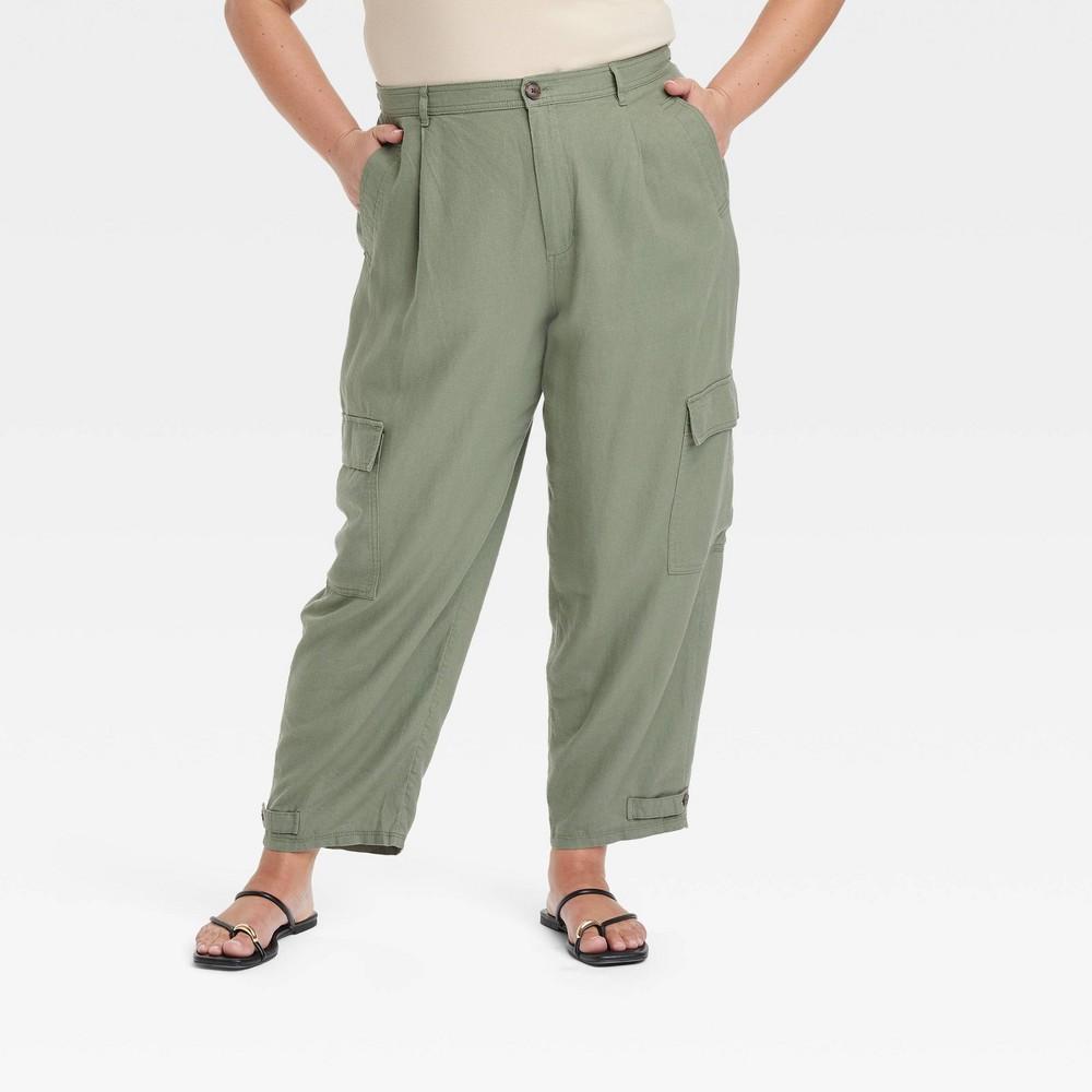 Womens High-Rise Straight Leg Linen Cargo Pants - A New Day Olive 26 Product Image