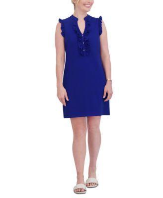 Petite V-Neck Ruffle-Trim Shift Dress Product Image