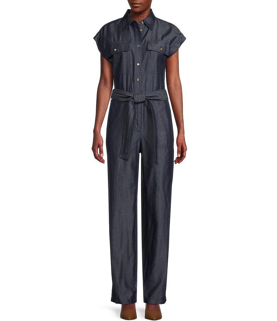 MICHAEL Michael Kors Woven Twill Point Collar Cap Sleeve Self-Tie Sash Utility Jumpsuit Product Image