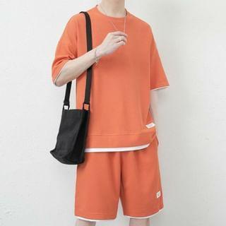 Set: Short-Sleeve Crew Neck Mock Two Piece Waffle T-Shirt + Drawstring Waist Sweat Shorts Product Image