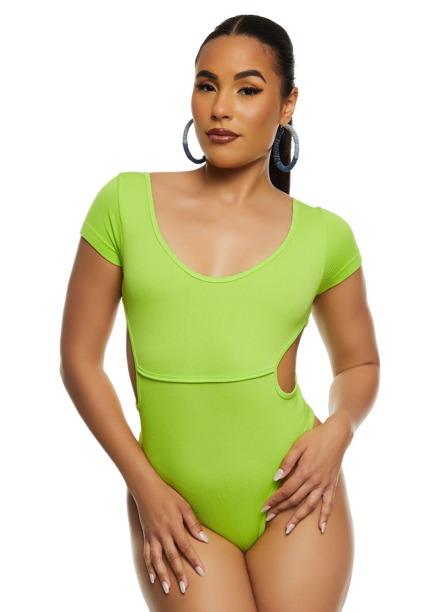 Womens Ribbed Knit Short Sleeve Side Cut Out Bodysuit Product Image