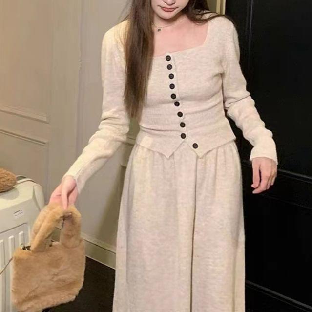 Set: Long Sleeve Square-Neck Plain Slim-Fit Cardigan + High Rise Knitted Maxi A-Line Skirt Product Image