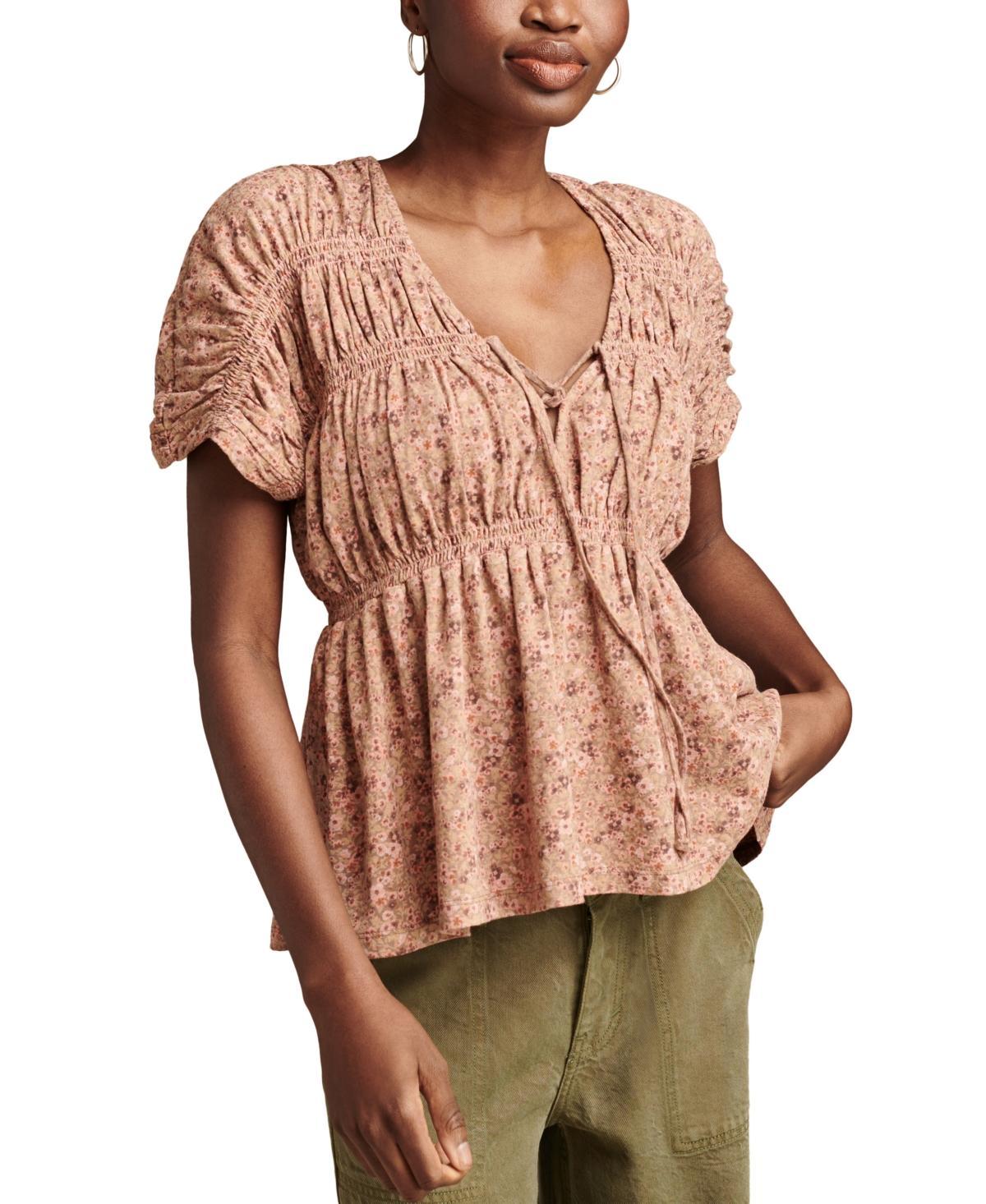 Lucky Brand Womens Printed Cotton Smocked Peplum Top Product Image