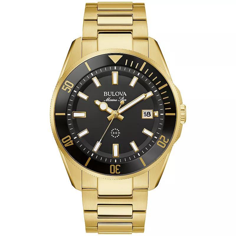 Bulova Mens Marine Star Gold Tone Stainless Steel Black Dial Bracelet Watch - 98B396 Product Image