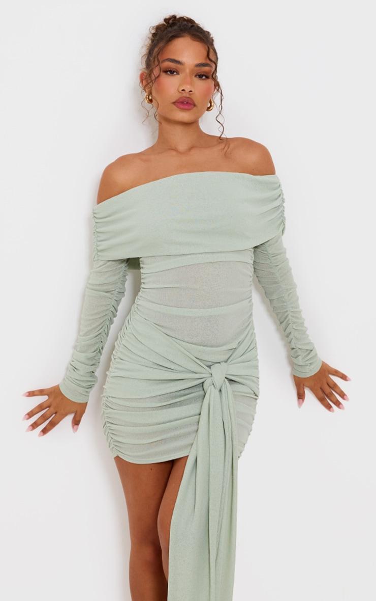 Petite Sage Green Bardot Slinky Extreme Ruched Mini Dress Product Image