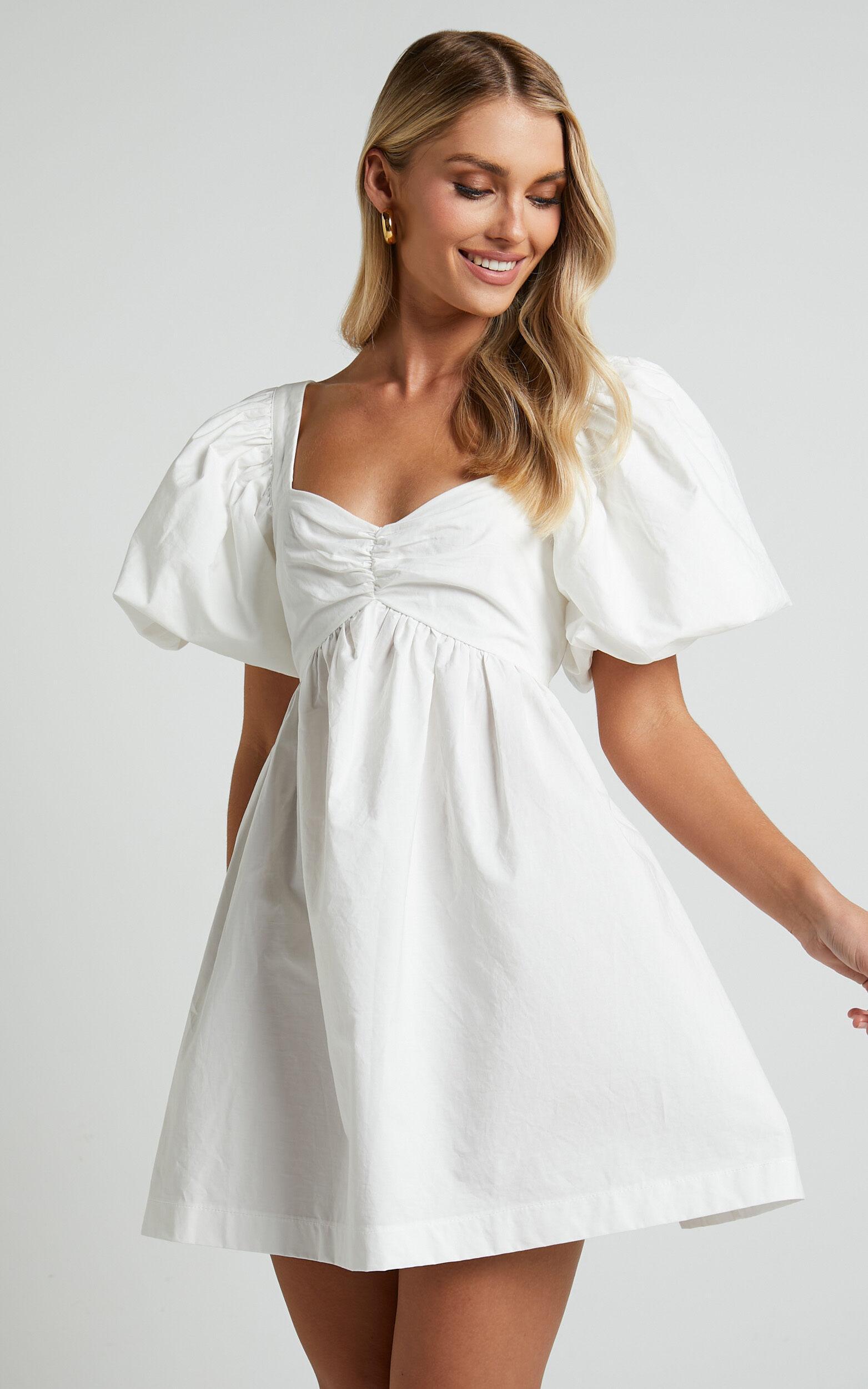 Vashti Mini Dress - Puff Sleeve Sweetheart Dress in Off White Product Image