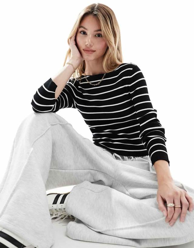 ASOS DESIGN knit boat neck long sleeve top in mono stripe Product Image