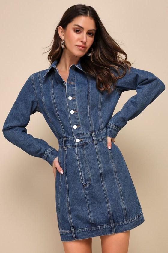 Flawless Trend Medium Wash Denim Long Sleeve Mini Dress product image