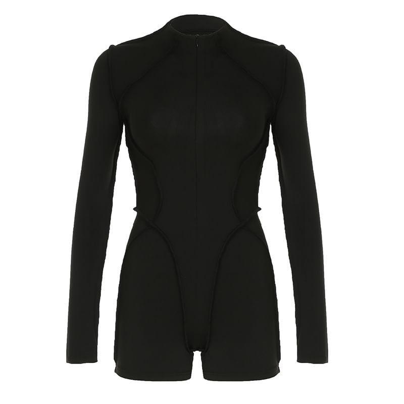 Long-Sleeve Mock Neck Plain Zip Front Slim Fit Romper Product Image