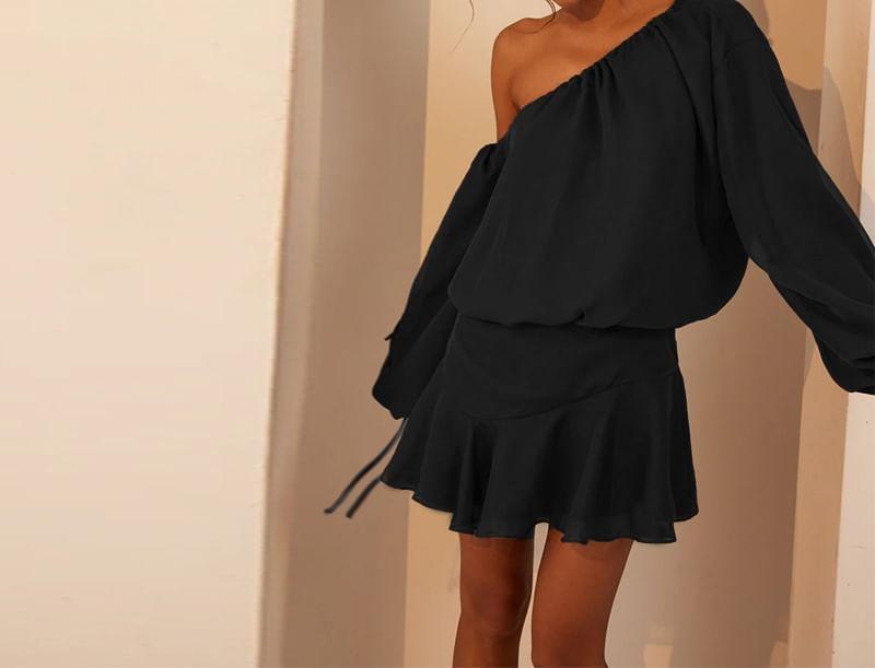 Set: Long-Sleeve Off-Shoulder Plain T-Shirt + High Waist Mini A-Line Skirt Product Image