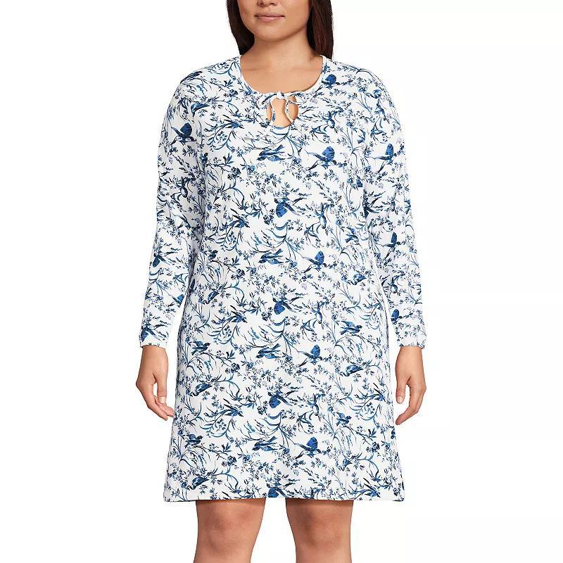 Plus Size Lands End Cotton Long Sleeve Nightgown, Womens Deep Blue Product Image