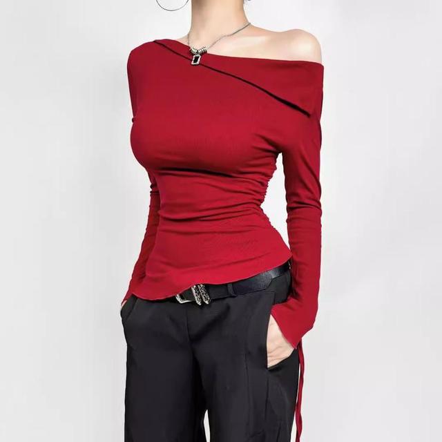 Long-Sleeve One-Shoulder Plain Drawstring Asymmetrical Tee Product Image