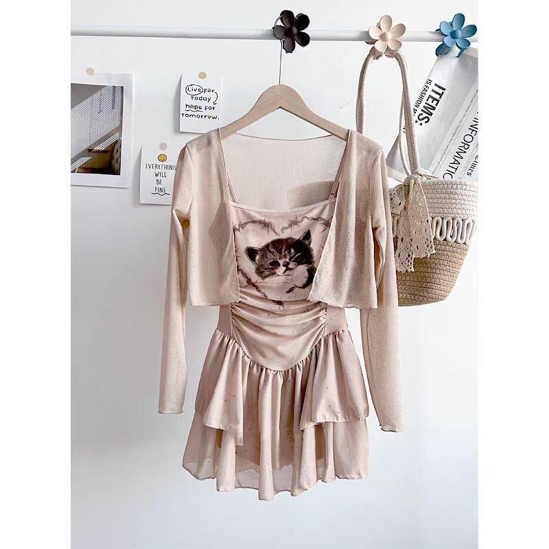 Spaghetti Strap Cat Print Swim Dress / Cover Up / Set Product Image