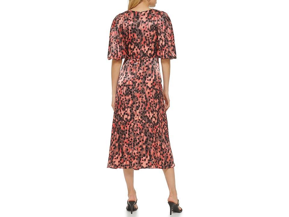 DKNY 3/4 Sleeve Printed Satin Maxi Dress (Persimmon Multi) Women's Clothing Product Image