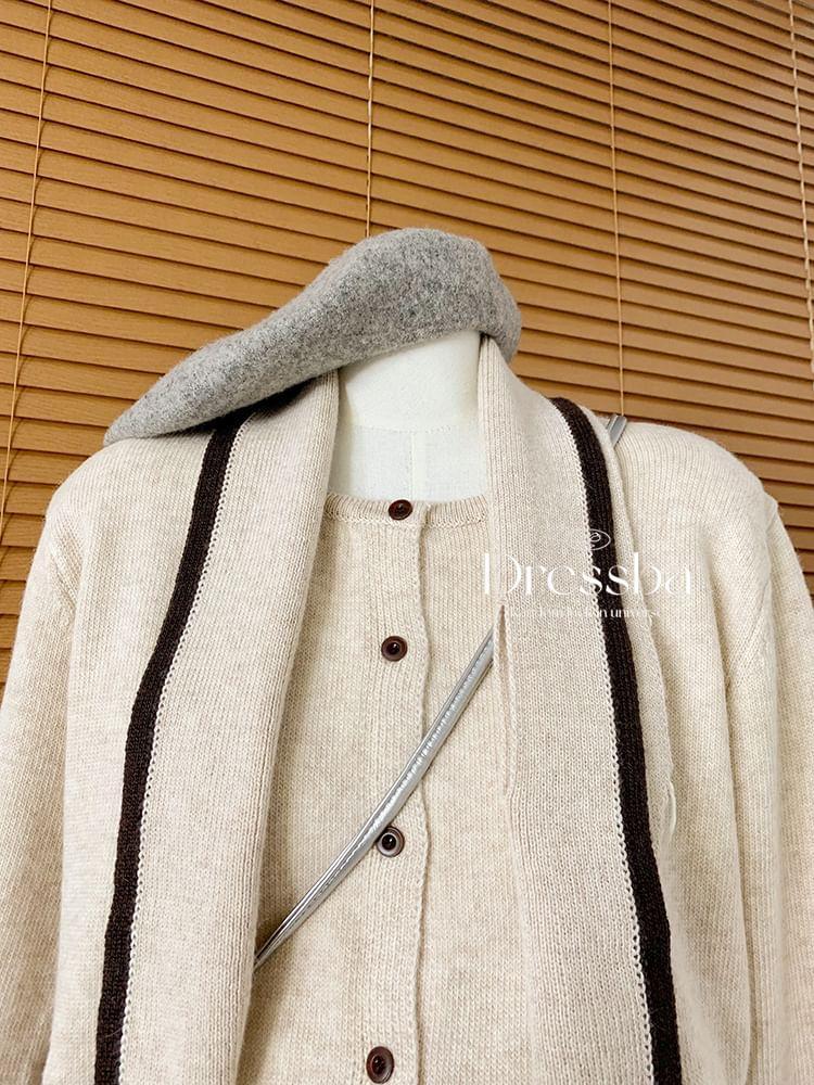 Set: Round Neck Plain Cardigan + Contrast Trim Scarf Product Image