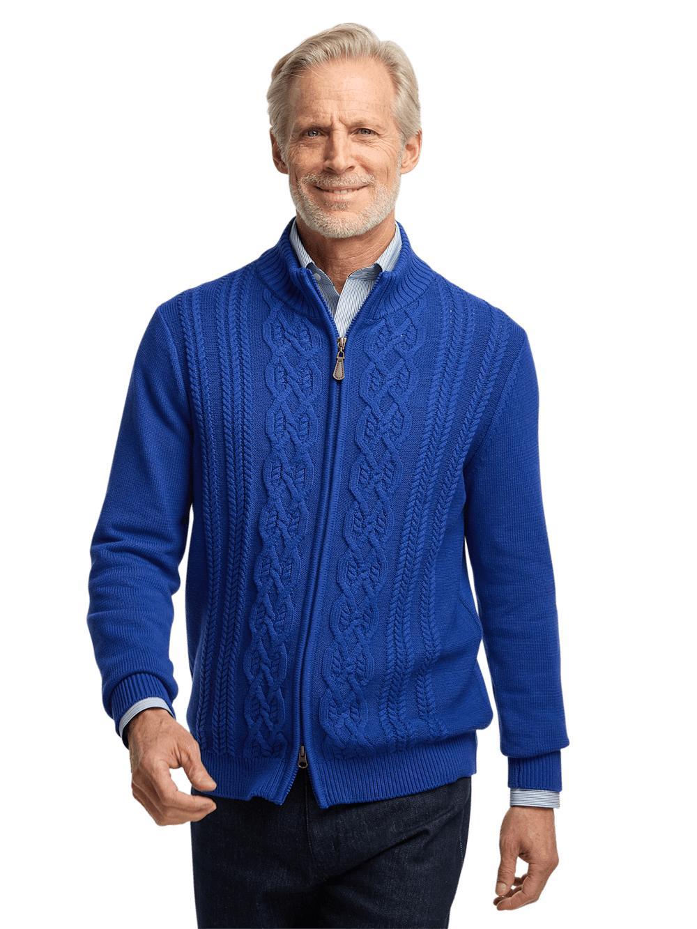 Cotton Cable Full Zip Mock Neck Sweater - Cobalt Product Image