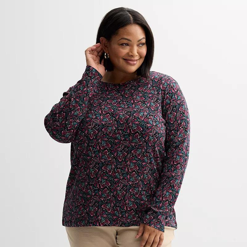 Plus Size Croft & Barrow Essential Crewneck Long Sleeve Tee, Womens Navy Night Red Product Image