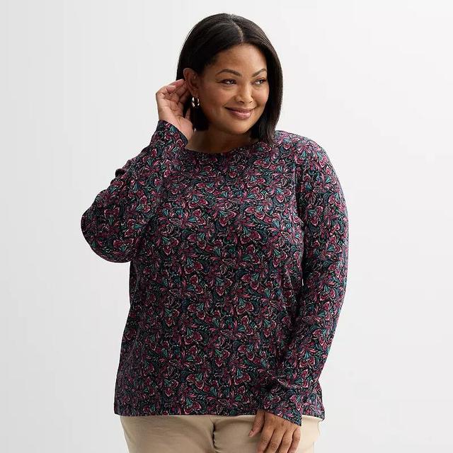 Plus Size Croft & Barrow Essential Crewneck Long Sleeve Tee, Womens Navy Night Red Product Image