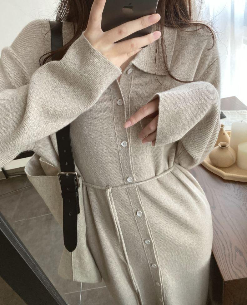 Long-Sleeve Collar Button Sashed Midi Sweater Dress Product Image