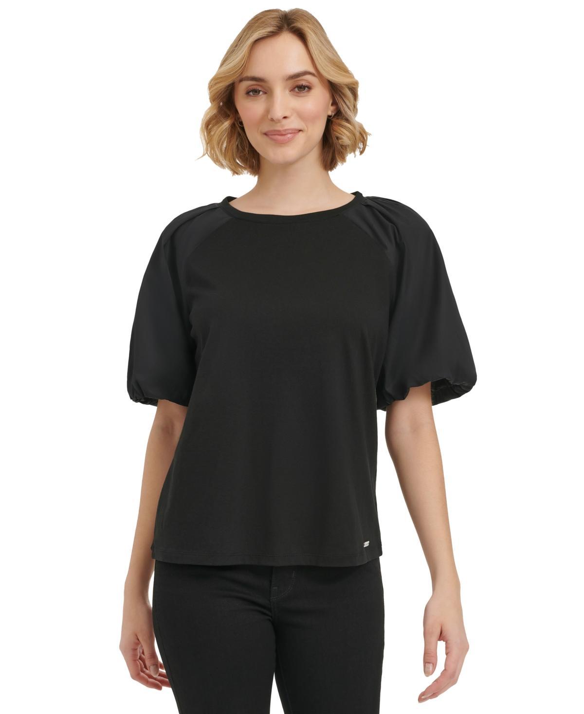 Calvin Klein Womens Mixed Media Puff Sleeve Top Product Image