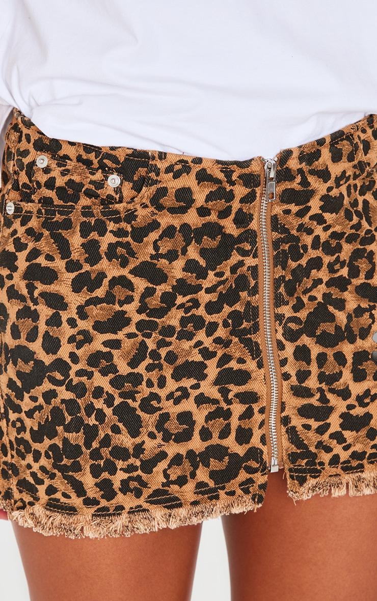 Brown Leopard Print Zip Front Denim Mini Skirt Product Image