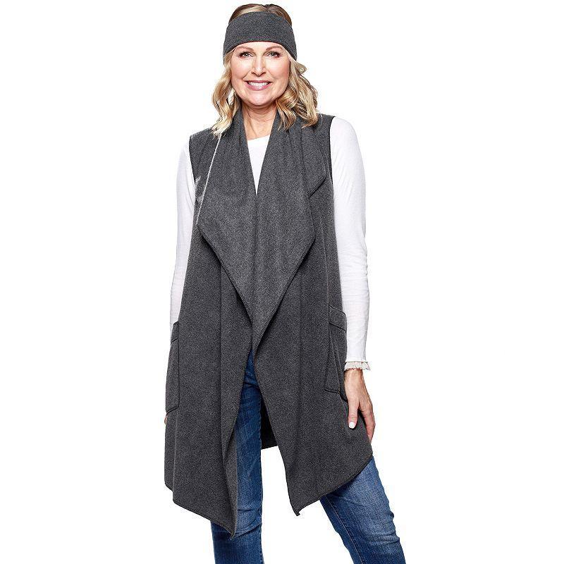 Womens Le Moda Solid Knit Fleece Vest with Matching Headband, Grey Product Image