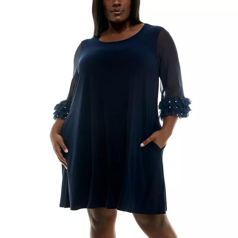 Plus Size Nina Leonard Mesh Ruffle Sleeve Mini Trapeze Dress, Womens Blue Product Image