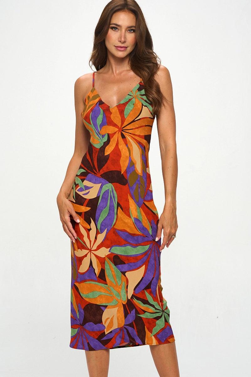 MULTICOLOR TROPICAL SLIP MIDI DRESS Product Image