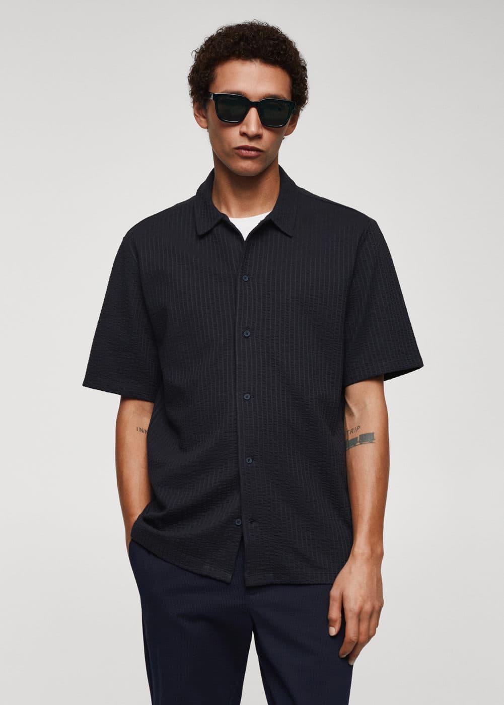 MANGO MAN - Seersucker cotton shirt dark navyMen Product Image