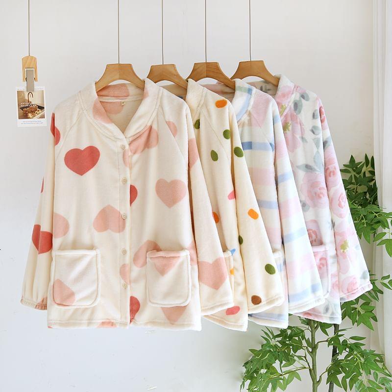 Collar Print Fleece Button Pajama Top Product Image