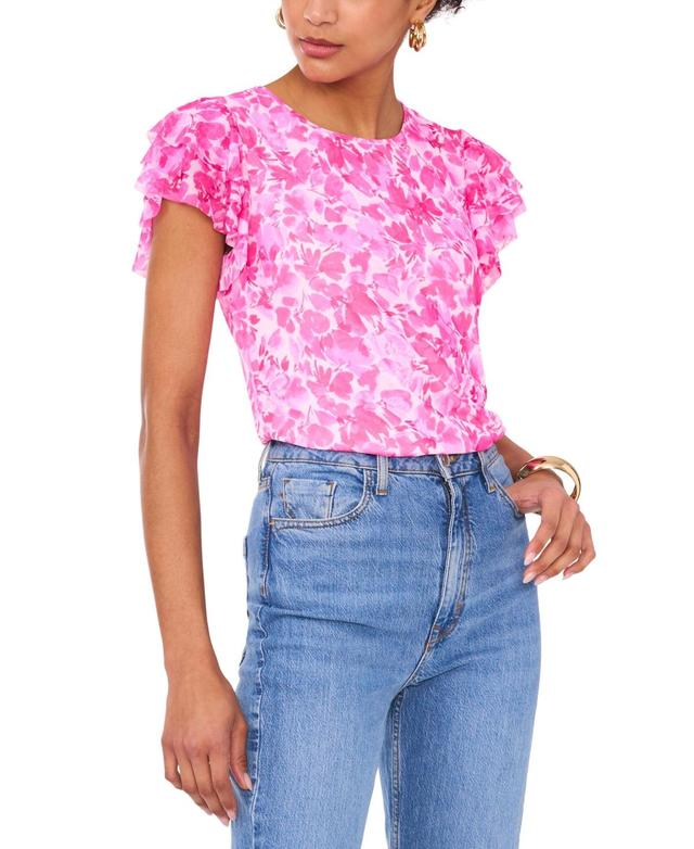 Vince Camuto Womens Floral Tiered Short-Sleeve Blouse Product Image