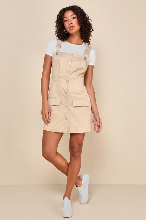 Remarkably Cute Beige Twill Button-Up Overall Mini Dress Product Image