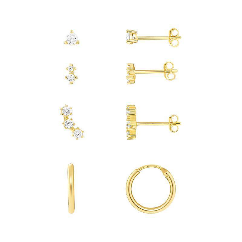 PRIMROSE 18k Gold Over Silver Cubic Zirconia Stud, Double Stud, Crawler Stud & Endless Hoop Earring Set, Womens, Yellow Gold Tone Clear Product Image