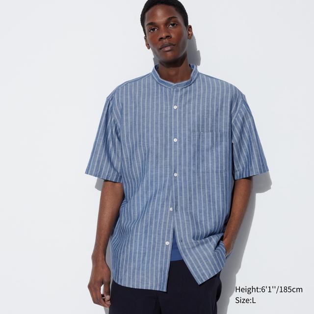 Mens Cotton Linen Stand Collar Striped Short-Sleeve Shirt Blue 2XS UNIQLO US Product Image