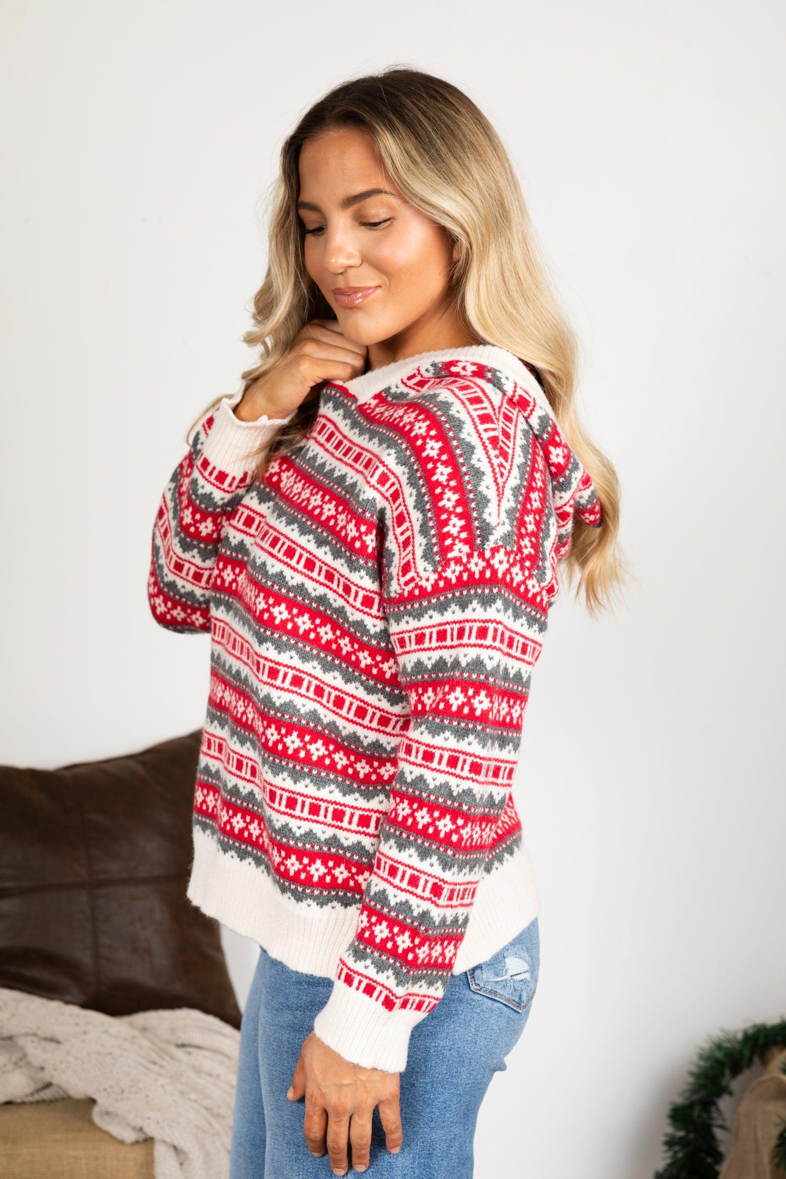 Red and Ivory Fair Isle Hoodie Sweater Product Image