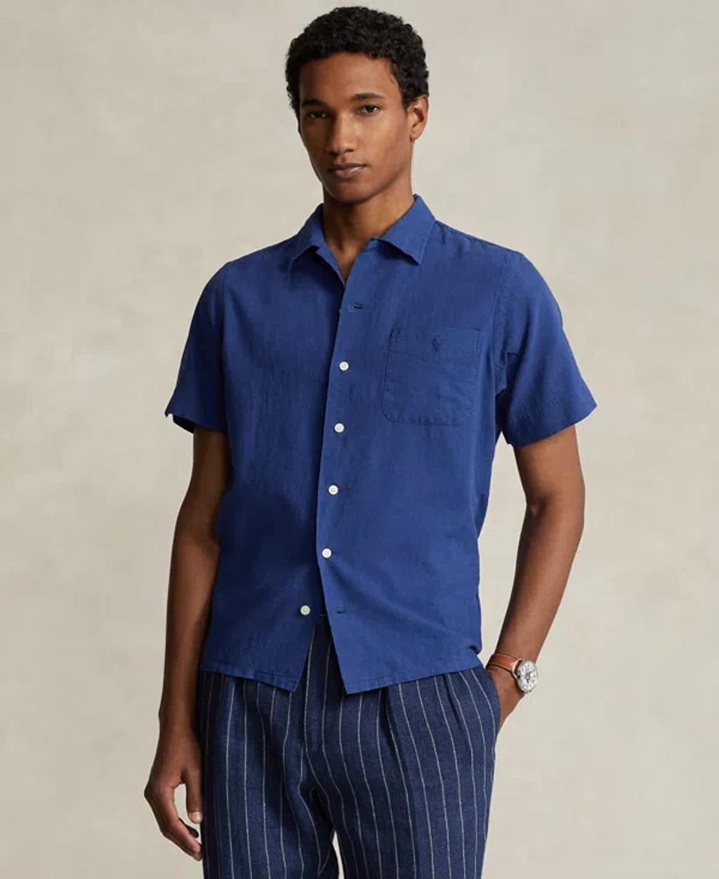 Men's Classic-fit Linen-cotton Camp Shirt In Beach Royal Product Image