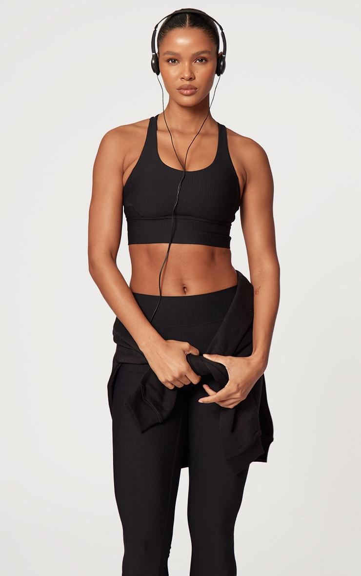 Black Active Rib Strappy Back Sports Bra Product Image