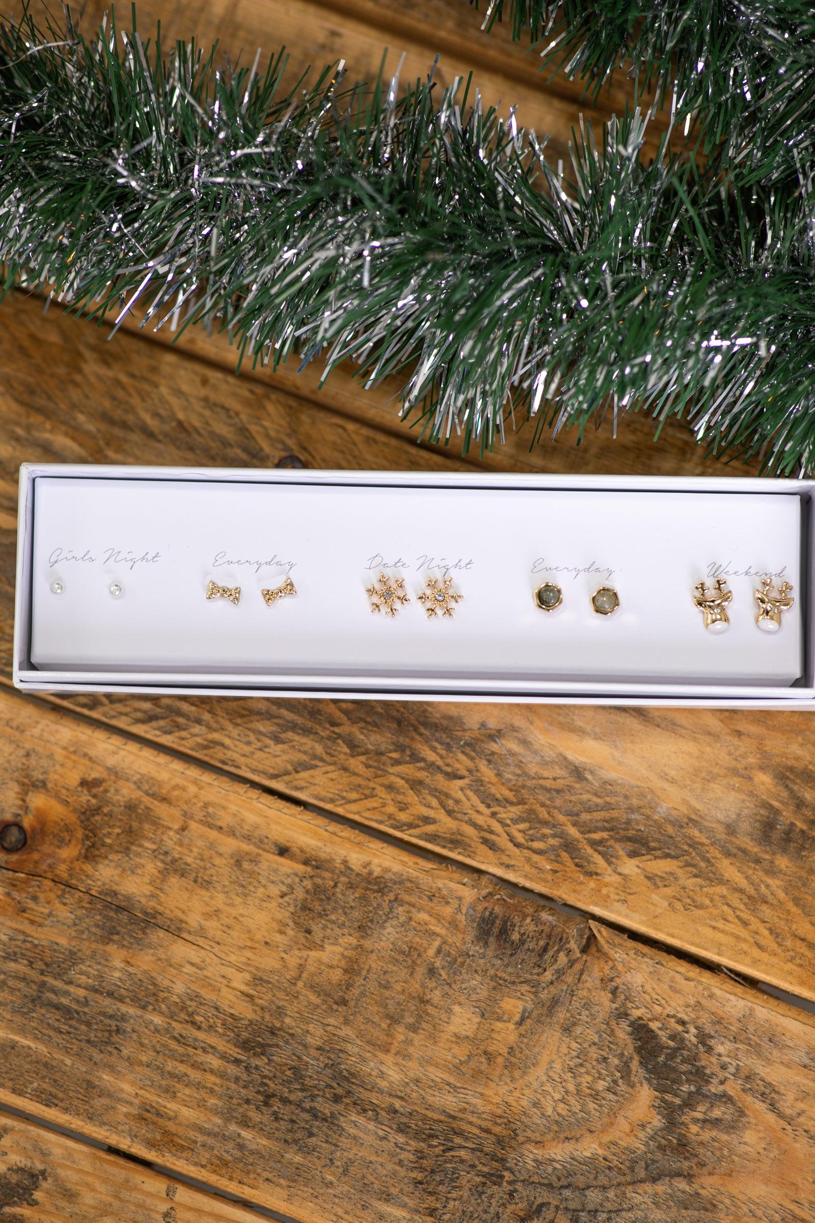 Gold 5 Piece Christmas Earring Set- Reindeer Product Image