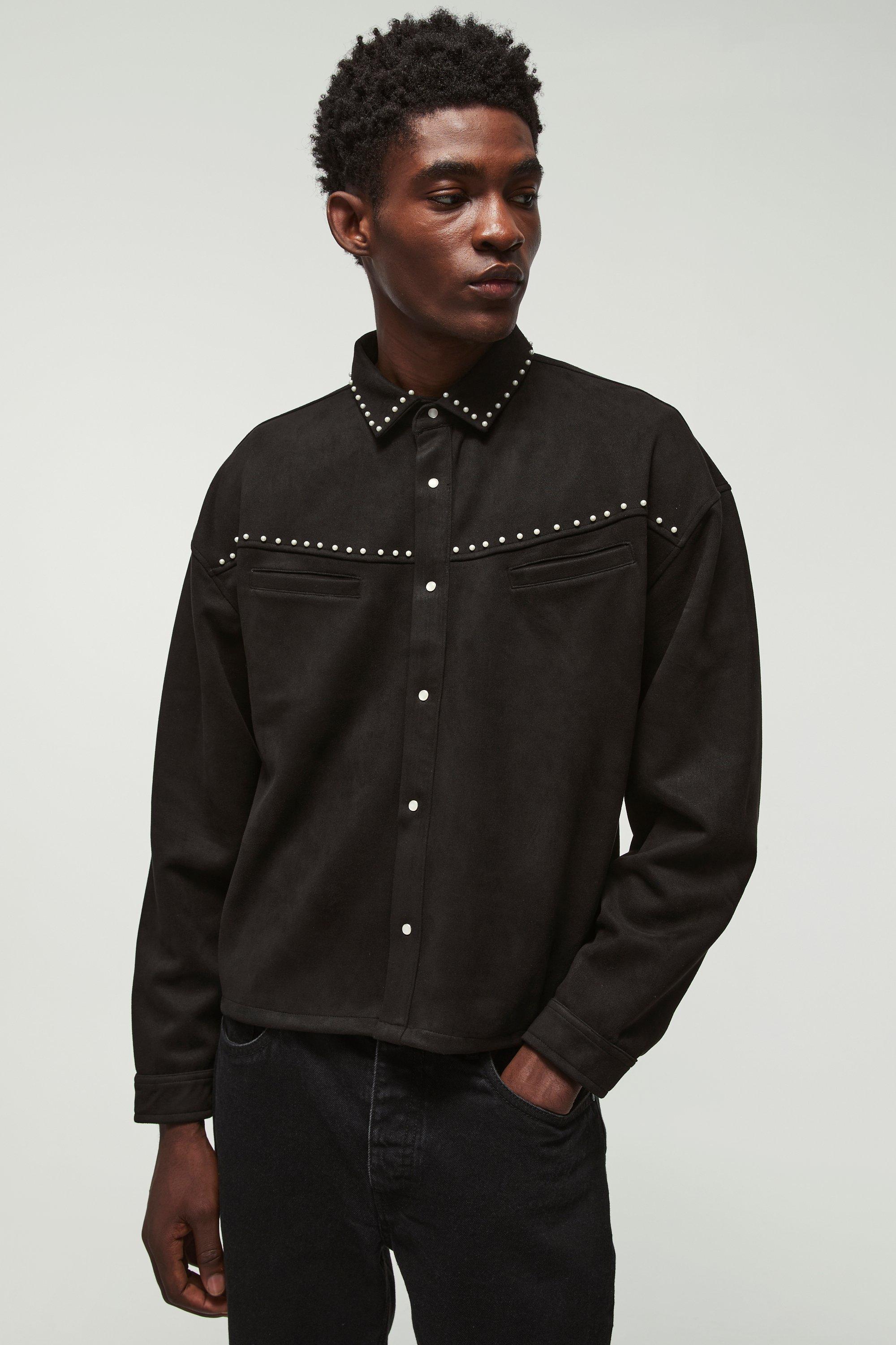 Oversized Western Faux Suede Embellished Overshirt | boohooMAN USA Product Image