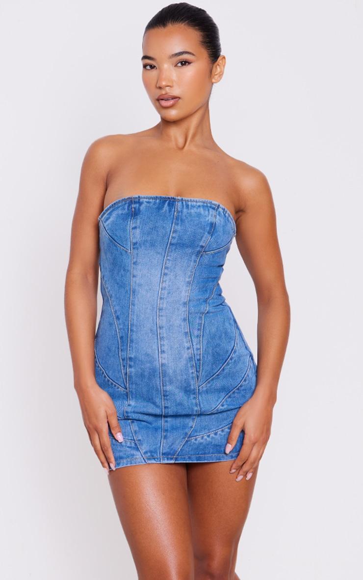 Mid Blue Wash Seam Detail Bandeau Denim Mini Dress Product Image