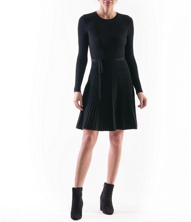 Julia Jordan Knit Crew Neck Long Sleeve Tie Waist Mini Dress Product Image