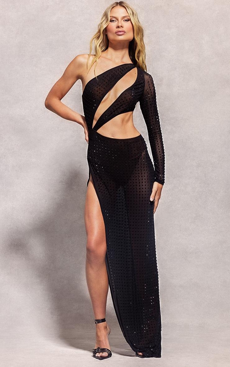 Black Embellished Mesh One Sleeve Extreme Cut Out Maxi Dress Product Image